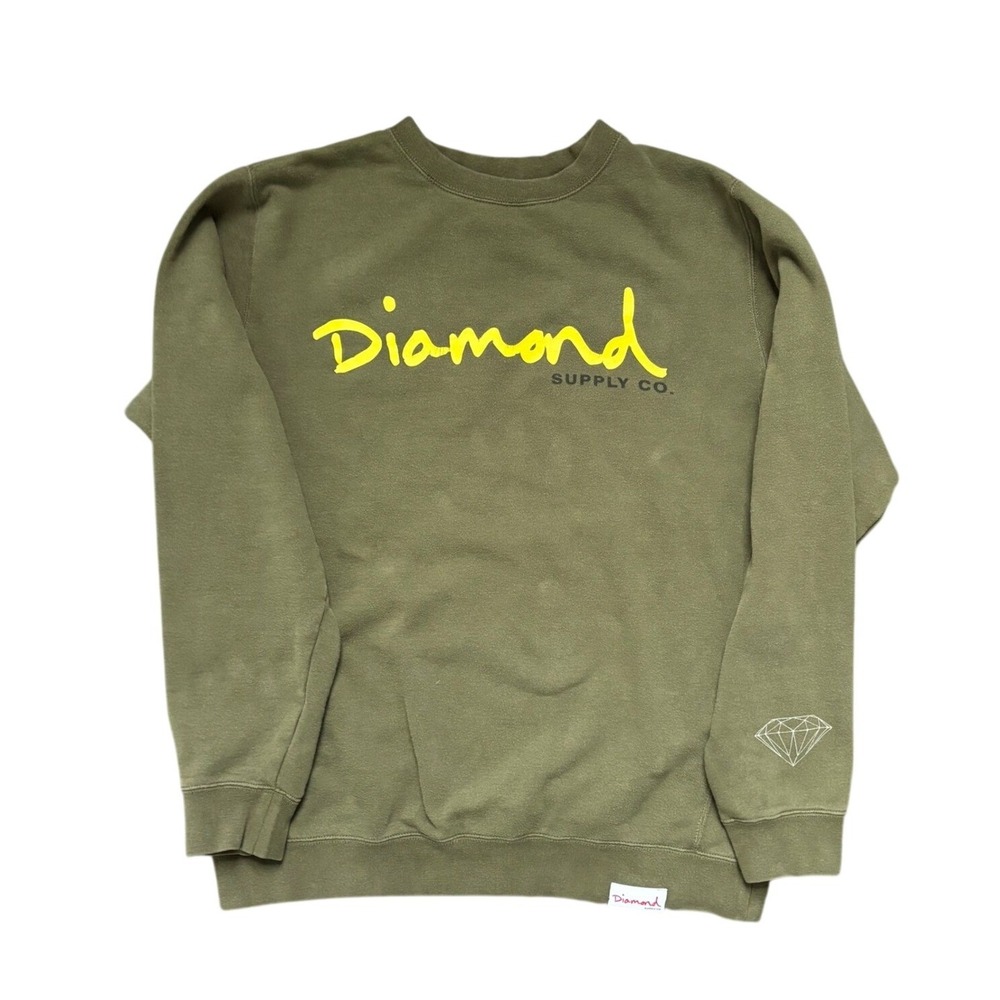 Diamond Supply Co Mens Crewneck Sweatshirt Olive Green Yellow Script Logo Size L